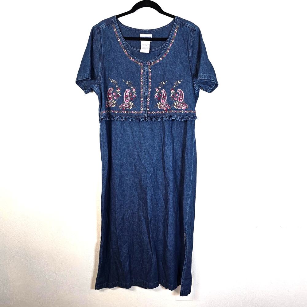 Erika & Co Denim Dress Women's L Paisley Embroidered 90s Vintage Cottagecore